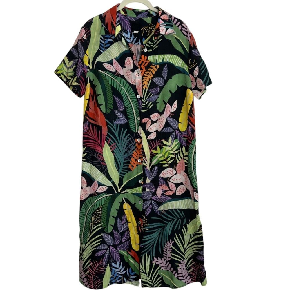 120% Lino Linen Shirt Dress Size 42 Tropical Print Multicolor Midi